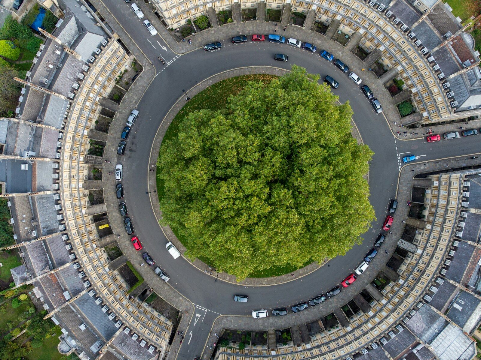 an aerial view of a circular parking lot