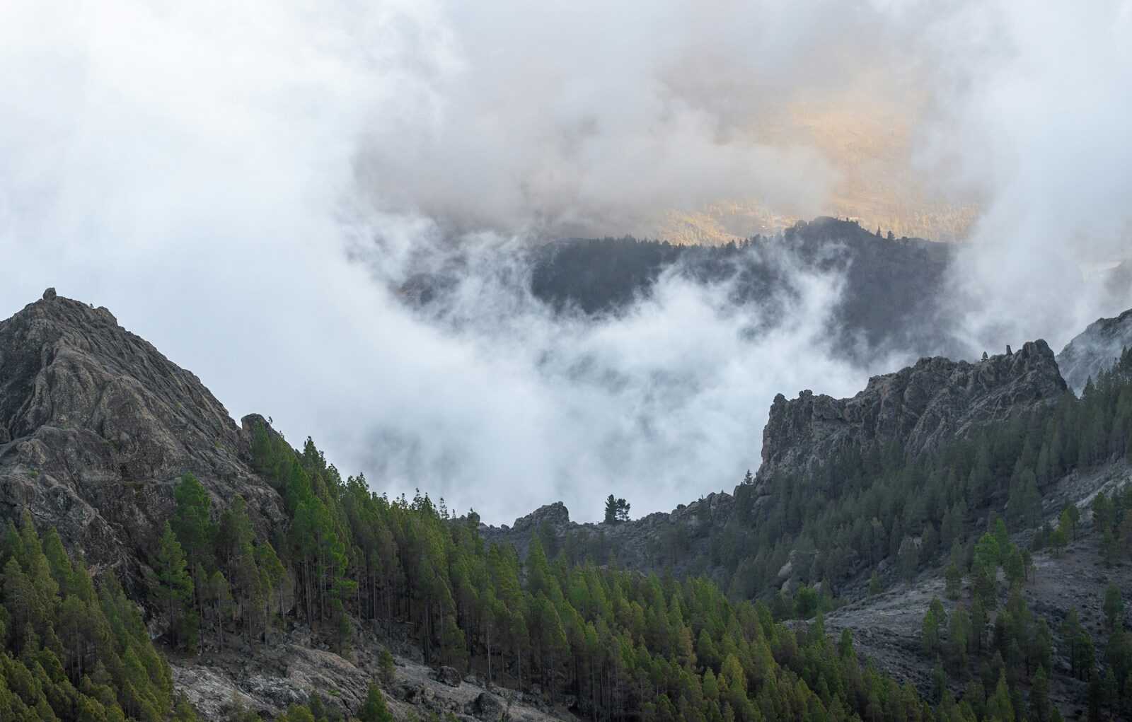 Misty clouds over forested mountain peaks